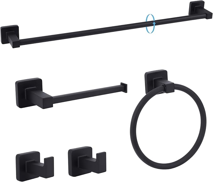 5 Piece Bathroom Hardware Accessories Set Matte Black,24 Inch Towel Bar Set,Towel Rack Set,Bathroom Towel Holder Set