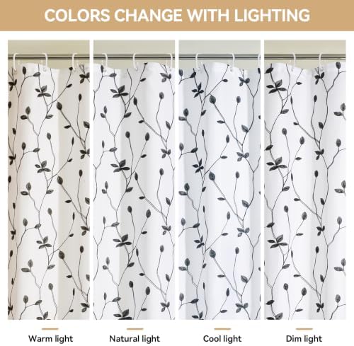 Embroidered Leaf Farmhouse Shower Curtain,Faux Linen,72Wx72L,White Black