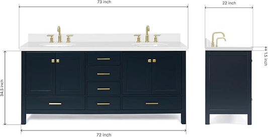 ARIEL Cambridge 72-inch Bathroom Vanity with Sink,Solid Wood, 1.5-inch Pure White Quartz Countertop & Backsplash, Double Oval Porcelain Sink, 4 Soft Closing Doors, 6 Dovetail Drawers, Midnight Blue