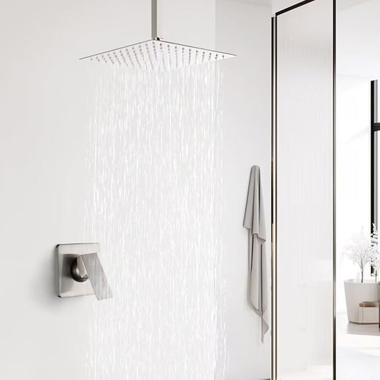 Ceiling Mount Shower Faucet Set Brushed Nickel Bathroom 10 Inch Rainfall Mixer Shower Head System Single Handle Shower Trim Kit with Rough-in Valve