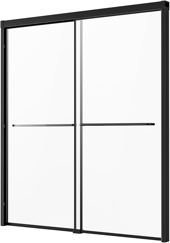 VEVOR Bathtub Shower Door, 56-60" W x 60" H, Semi-Frameless Double Sliding Tub Door, Semi-Frameless Bypass Tub Door with 1/4 in Shatterproof Tempered Glass and Stainless Steel Handle, Black
