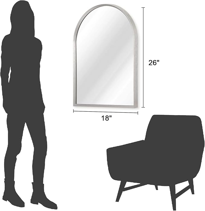 Arched Wall Mirror, 26"x18" Silver Arch Mirror, Metal Frame Bathroom Mirrors, Arched Vanity Mirror for Living Room Bedroom Mantel Entryway