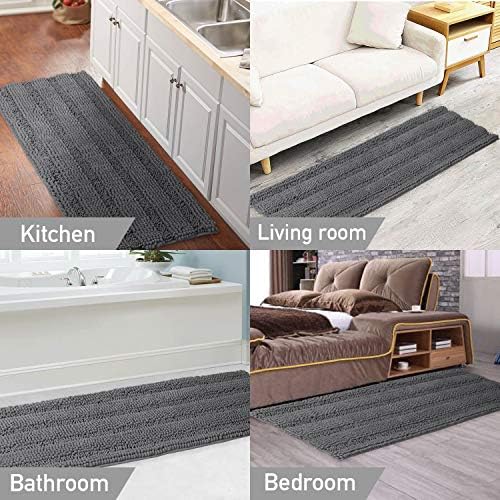 Turquoize Bathroom Runner Area Chenille Rug Oversize Non-Slip Shag Kitchen Shower Bath Mat Extra Long Grey Striped Washable for Bathroom, Gray, Size 59" x 20"