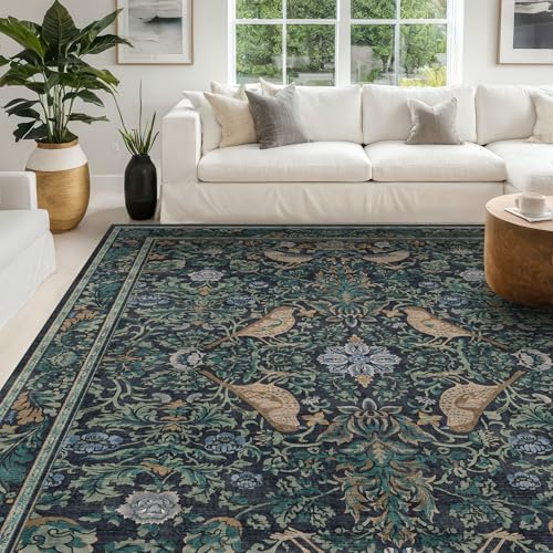 Soft Washable 9x12 Area Rug for Living Room, Bedroom Stain Resistant - Dark Blue Dining Rugs for Under Table, Non-Slip 9 by 12 Low Pile Boho Room Décor for Bedroom, Vintage Bird Floral Design Carpet