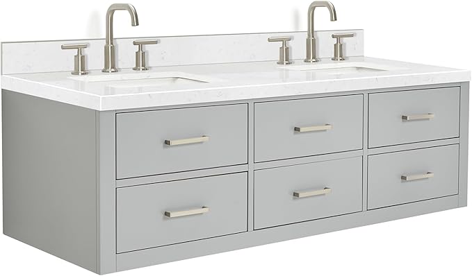 ARIEL Hutton 60-inch Bathroom Vanity with Sink,Solid Wood, 1.5-inch Carrara White Quartz Countertop & Backsplash, Double Rectangular Porcelain Sink, 3 Dovetail Drawers, Grey