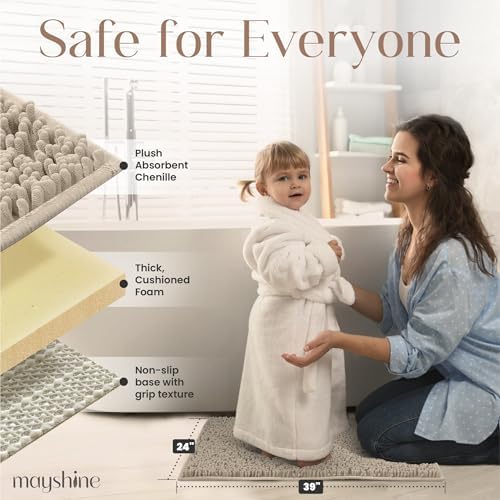 MAYSHINE Large Plush Shaggy Chenille Bath Mat 39"x24"| Extra Soft, Super Absorbent, Non-Slip Bathroom Rug | Fluffy Microfiber, Area Rug Sets for Bathroom Floor, Kitchen, Living Room | Beige