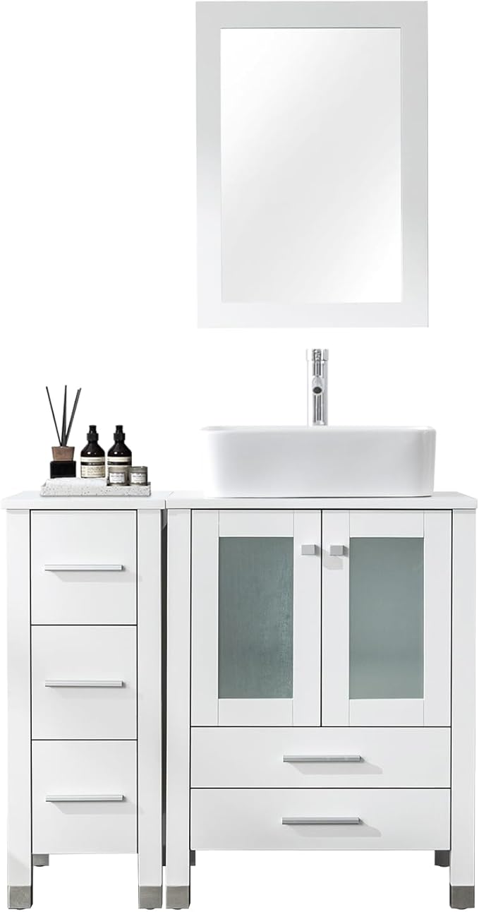 LUCKWIND 36" Bathroom Vanity Combo with Sink, 24"+12.6" Width, Painted Bathroom Storage Cabinet with 5 Drawers Cabinet Without Sink and Mirror, White
