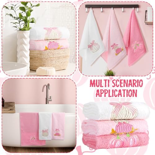 FuWeave 3 Pcs Pink Fall Pumpkin Bowknot Hand Towels for Bathroom