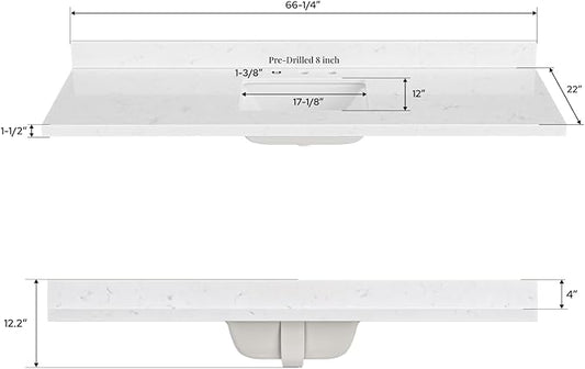 ARIEL 66 inch Bathroom Vanity top with Sink, 1.5 Inch Thick Miter Edge Carrara White Quartz top, Rectangle Single Porcelain Sink, Includes Backsplash