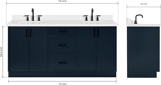 ARIEL Kelly 72-inch Bathroom Vanity with Sink,Solid Wood, 1.5-inch Pure White Quartz Countertop, Double Rectangular Porcelain Sink, 4 Soft Closing Doors, 5 Dovetail Drawers, Midnight Blue