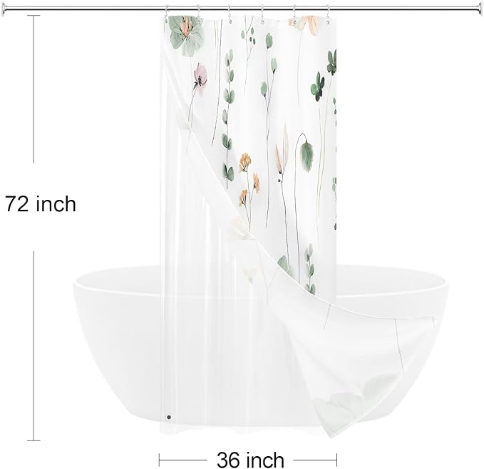 Small Stall 3 in 1 Shower Curtain Set, Watercolor Floral Bath Curtain and PEVA Liner Set with 12 Double Sided Steel Hooks, Modern Waterproof Fabric Bathroom Curtain 36x72, Sage Green