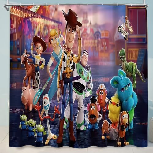 Cute Cartoon Shower Curtain Set 4 Piece with Non-Slip Rugs, Toilet Lid Cover and Bath Mat Cartoon Bathroom Decor 72 x 72inch (Toy)