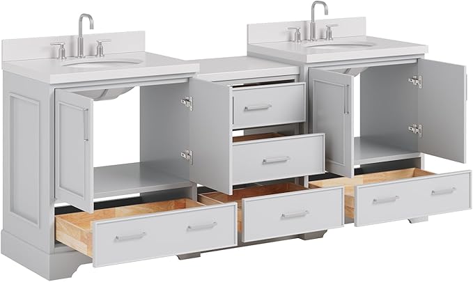ARIEL Stafford 84-inch Bathroom Vanity with Sink,Solid Wood, 1.5in Pure White Quartz Countertop & Backsplash, Double Oval Porcelain Sink, 4 Soft Closing Doors, 5 Dovetail Drawers, Grey
