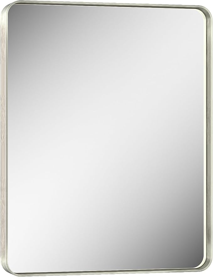 Keonjinn 24 x 30 Inch Brushed Nickel Bathroom Vanity Mirror, Aluminum Frame | HD Tempered Glass, Silver Bathroom Mirrors for Over Sink, Rust-Resistant, Rounded Rectangle, French Cleat Mount, Home Décor