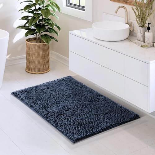 Hearth & Harbor Bathroom Rugs, Chenille Bath Mat - Machine Washable Bath Mats for Bathroom Non-Slip Backing Rubber, Quick Dry Mat - 20x32 - Blue