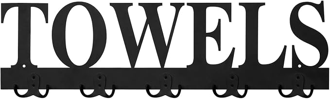 MyGift Black Metal Wall Towel Rack with 5 Dual Hooks, Bathroom Holder | Keep bath and hand towels organized with five dual hooks and a decorative TOWEL cutout on this stylish black metal rack