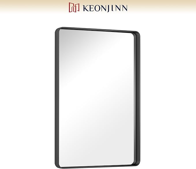 Keonjinn 24 x 36 Inch Black Vanity Mirror, Aluminum Frame Bathroom Mirror | Tempered Glass with Clear Reflection, Matte Black Sandblasted Finish, Anti-Rust, Seamless Aluminum Frame, Rounded Rectangle