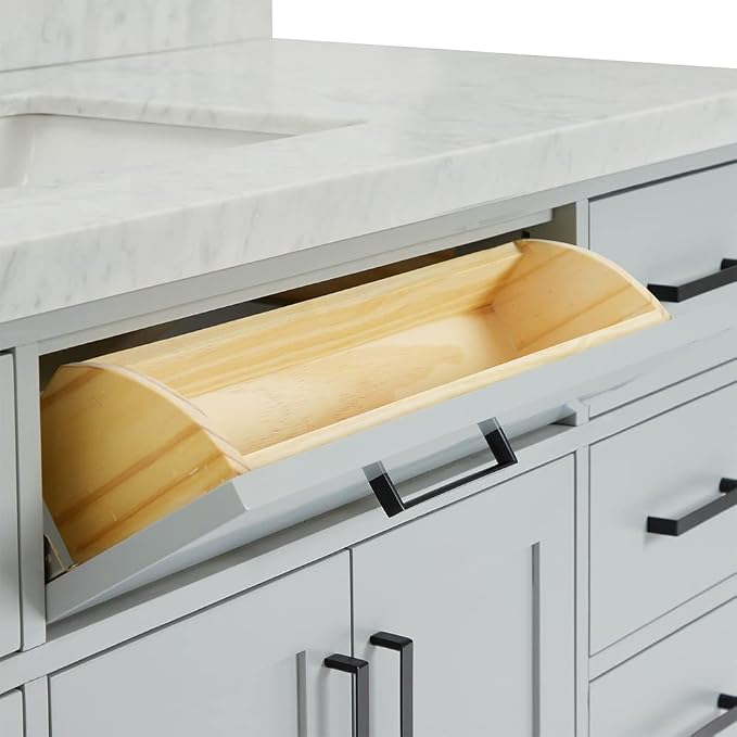 DKB Isabella 54" Grey Single Bathroom Vanity with Sink, 1.5" Italian Carrara Marble Countertop, Rectangular Undermount Sink, 2 Soft Closing Doors, 9 Dovetail Drawers