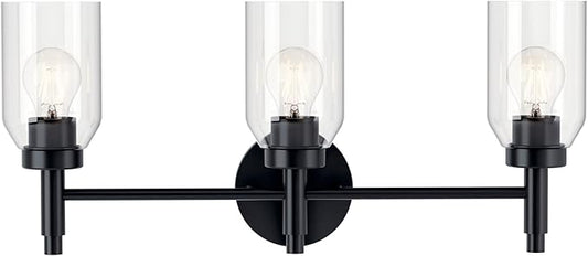 Kichler Madden 3-Light Vanity with Clear Glass in Black, Sloped Ceiling Compatible, for Single Vanity in Bathroom (10.5" x 24"), 55185BK