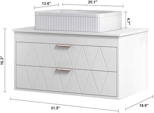 32" Modern White Stripe Bathroom Vanity Sink Set Wall-Mounted Bathroom Vanities with Above Ceramic Sink 32 inch Floating Wood Bathroom Sinks Storage Cabinet with Gold Handle 2 Drawers