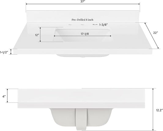 ARIEL 36 inch Bathroom Vanity top with Sink, 1.5 Inch Thick Miter Edge White Quartz top, Rectangle Single Porcelain Sink, Includes Backsplash