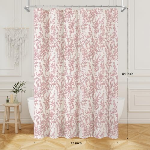 Pink Boho Linen Fabric Shower Curtain , Farmhouse Floral For Bathroom