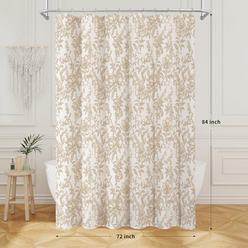 Brown Boho Linen Fabric Shower Curtain , Farmhouse Floral For Bathroom