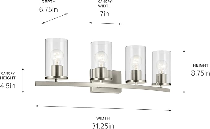 Kichler Crosby 31.25" 4-Light Vanity Light with Clear Glass in Brushed Nickel, for Bathroom, (31.25 x 8.75), 45498NICLR