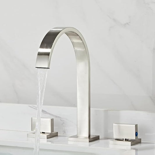 Modern Bathroom Sink FaucetDouble Handle Waterfall Design 3 Hole Full Copper Vanity Faucet for Stylish Bathroom Upgrade Durable & Easy to Install,Drawing