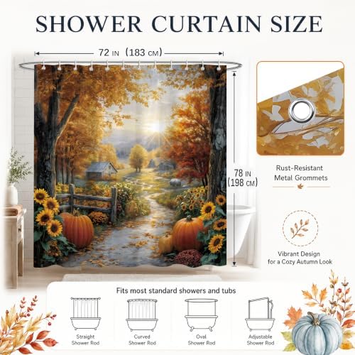 Autumn Country Road Shower Curtain, 72 x 78 Inch Fall Landscape Bathroom Curtain with Pumpkins, Sunflowers, Trees and Farmhouse Path Decor