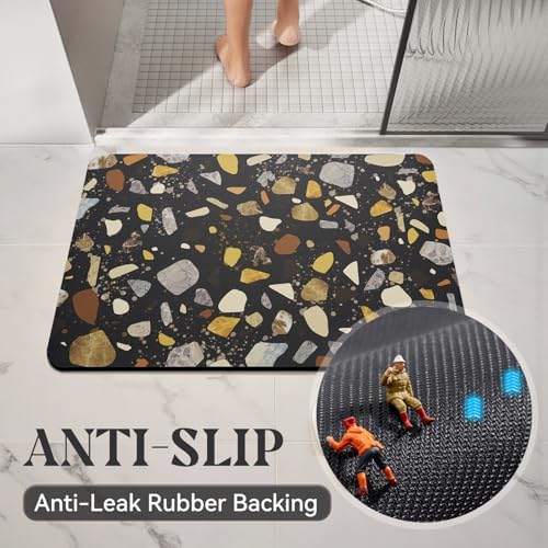 MontVoo -Bath Mat-Non Slip Thin Bathroom Rugs Fit Under Door- Quick Dry Absorbent Faux Suede Surface Grey Bathroom Floor Mats-Shower Rug for in Front of Bathtub Shower Black & Multi Color 17x27.5