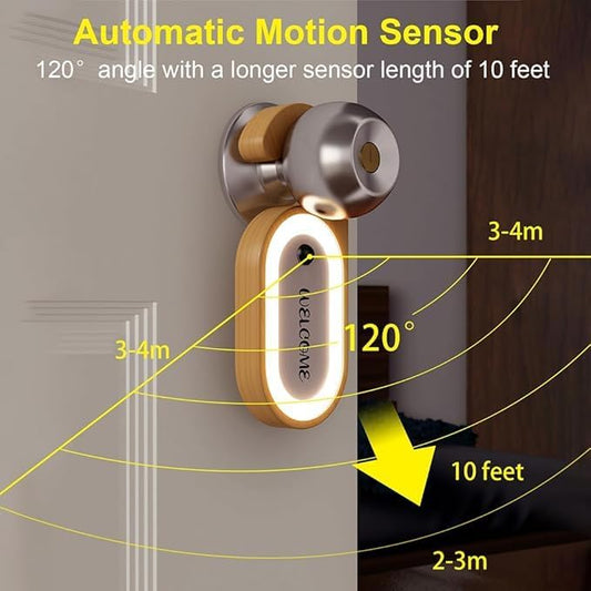 Motion Sensor LED Night Light, Wooden Door Lock Light with Touch Switch, Battery Powered, White and Beech