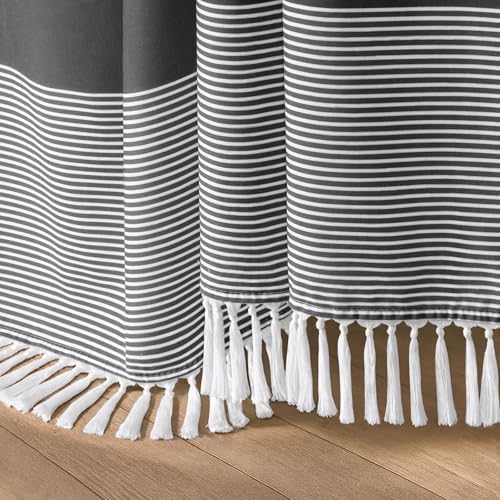 Dark Grey Farmhouse Cotton Striped Shower Curtain with Tassel 72"W X 72"L