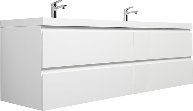 72 Inch Floating Bathroom Vanity with Double Sink, Large Storage Wall Mounted Floating Vanity with 4 Soft Close Drawers, One-Piece Basin Bathroom Sink Cabinet (Glossy White, 72 Inch double sink)