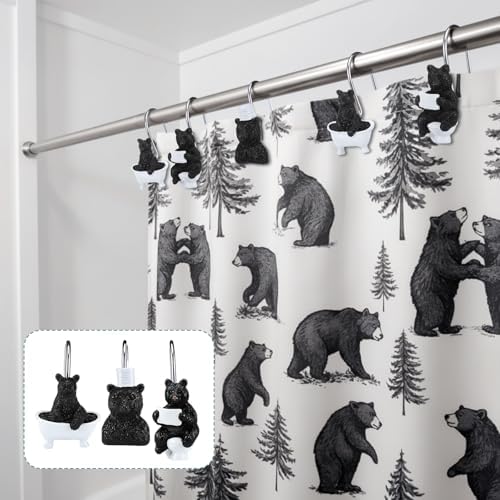 Roowest 12 Pcs Black Bear Shower Curtain Hooks, Stainless Steel Rings