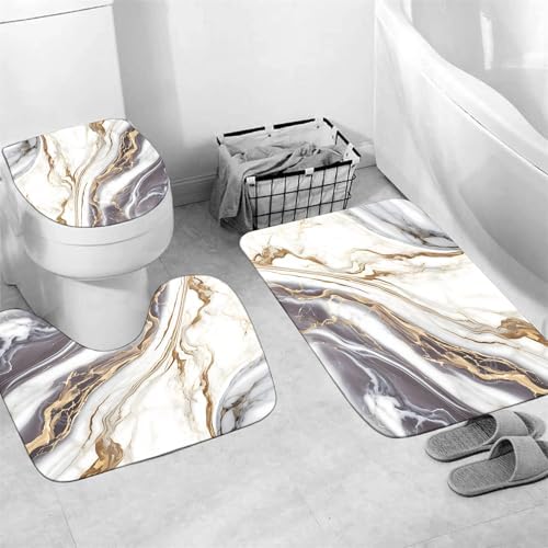 Nkzply 4 Pcs White Marble Shower Curtain Set Grey Bathroom Sets with Rugs