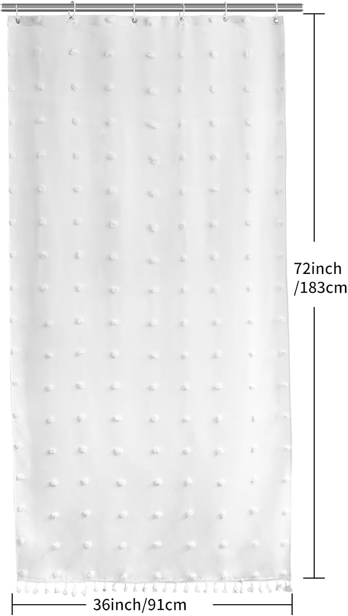 LilyCat Stall Tufted Floral Shower Curtain with Tassel, White, 36" x 72" | Waterproof Boho Fabric Shower Curtain Set with Hooks, Cute Rustic Vintage Bathroom Décor, Minimalist Cloth Bathroom Curtain