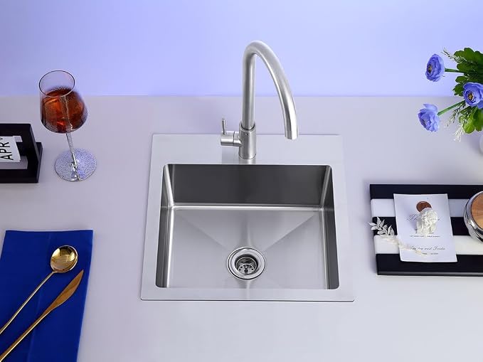 Handmade 15"x15" RV Drop-in Bar Sink Stainless Steel 2" Drain Hole | Compact Top Mount Basin, Suitable for RV, Campervan, Caravan, Boat, Mobile Tiny Kitchen