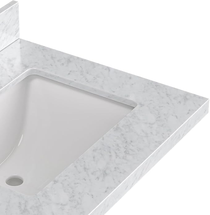 ARIEL Cambridge 60-inch Bathroom Vanity with Sink,Solid Wood, 1.5-inch Italian Carrara Marble Countertop, Double Rectangular Porcelain Sink, 4 Soft Closing Doors, 6 Dovetail Drawers, Brown Oak