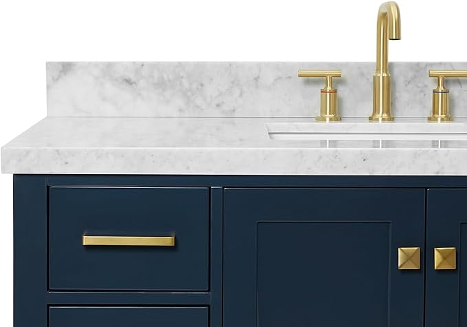 Beckford 48-Inch Bathroom Vanity with Sink — Midnight Blue Single Sink Bathroom Vanity, 1.5" Edge Italian Carrara Marble Top, Solid Wood, 2 Soft-Close Doors, 9 Dovetail Drawers