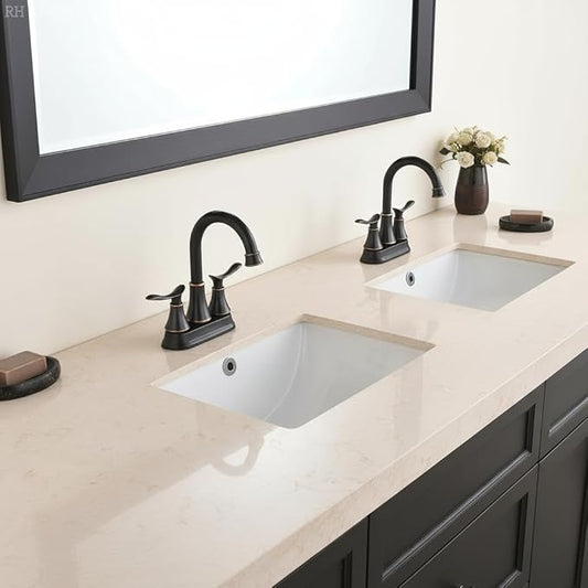 KINGO Bathroom Faucets for Sink 3 Hole, 2 Handle 4 inch Oil Rubbed Bronze Bathroom Sink Faucet with Pop-up Drain and Supply Hoses, Stainless Steel Lead-Free Centerset Faucets for Vanity RV, 2 Pack
