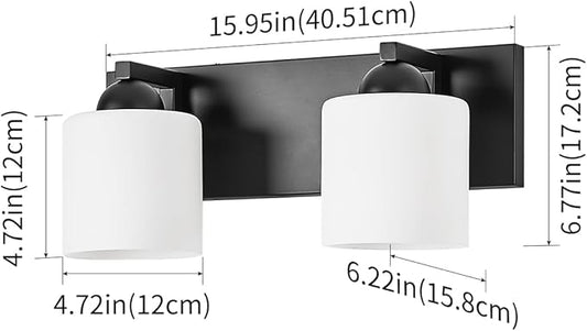 mirrea 16in 2-Light Black Vanity Lights for Bathroom, Vanity Lighting Fixtures with Etched White Glass Shades