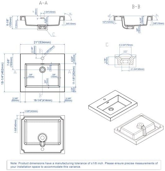 Dowell 21" Bathroom Sink, Single Bowl Resin Basin, Rectangular Drop In with Overflow (White 000 2118BP)