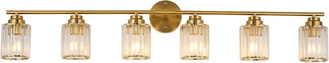 Modern 45.7" Crystal Vanity Light, 6 Light Bathroom Light Fixtures, Gold Vanity Light with Clear Crystal Shades, E26 Base Wall Sconces Vanity Lights for Bathroom Powder Room
