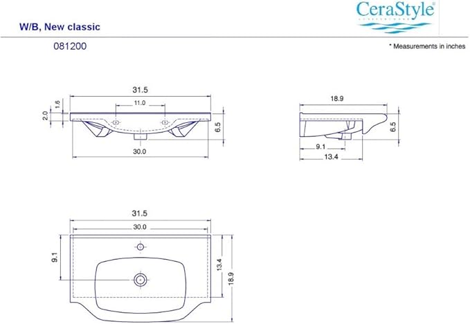 CeraStyle 081200-U-One Hole Yeni Klasik Rectangular Ceramic Wall Mounted/Self Rimming Bathroom Sink, White