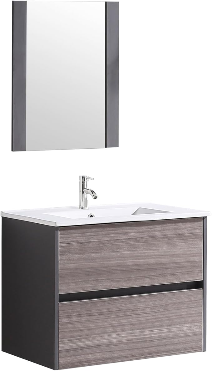 walsport Floating Bathroom Vanity with Sink & Mirror & Faucet & Countertop Set Small Wall Mounted Bathroom Single Sink Cabinet with Double Storage Drawers Modern (Brown1)