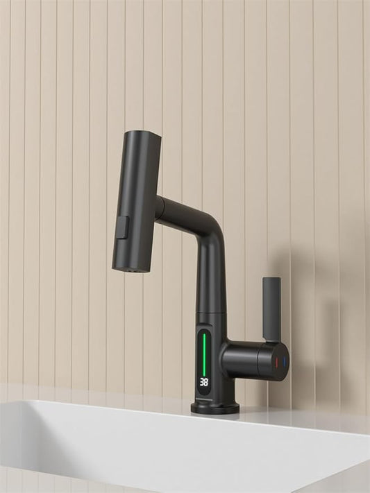 Bathroom Single Handle Basin Sink Pull Out Faucet with Rainfall Spray Head Temperature Digital Display Vanity Mixer Tap Matte Black