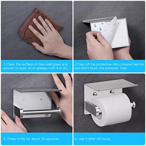 VAEHOLD Self Adhesive Toilet Paper Holder with Phone Shelf Stainless Steel Wall Mounted Toilet Paper Roll Holder - Rustproof and Bathroom Washroom Tissue Roll Holder with Storage Shelf - Silver