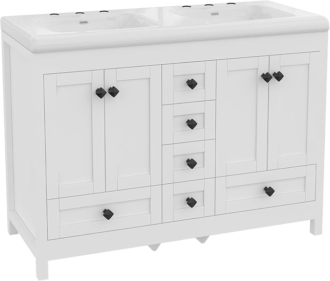 48 Inch Bathroom Vanity with Sink, Bathroom Vanity Cabinet with Doulble Sink, White Bath Vanities with 4 Doors and 6 Drawers (20" D x 48" W x 36" H)