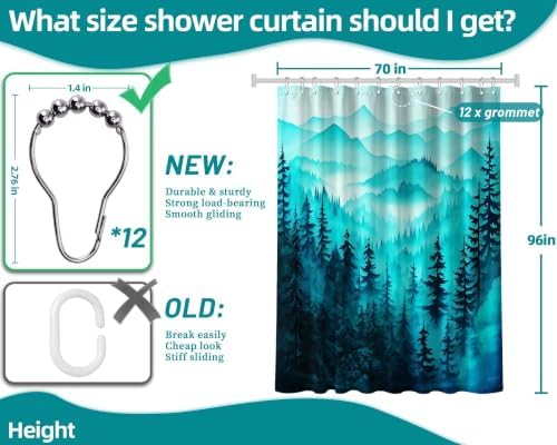 Dark Teal Forest Extra Long Shower Curtain, Tall 72X96 in, Mountain